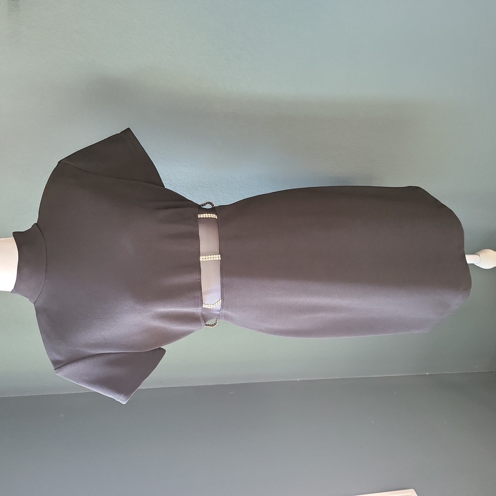 Vintage 90s Bari Jay Black Mini Cocktail Dress with Rhinestoned Mesh Cutout